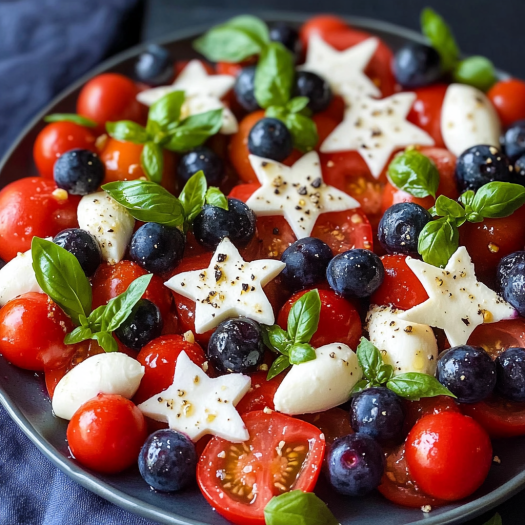 A plate of food with tomatoes, blueberries, and cheese, arranged in the shape of a star.