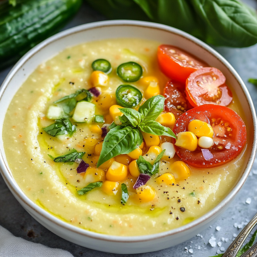 A bowl of soup containing corn, tomatoes, and peppers, with a spoon resting on the side.
