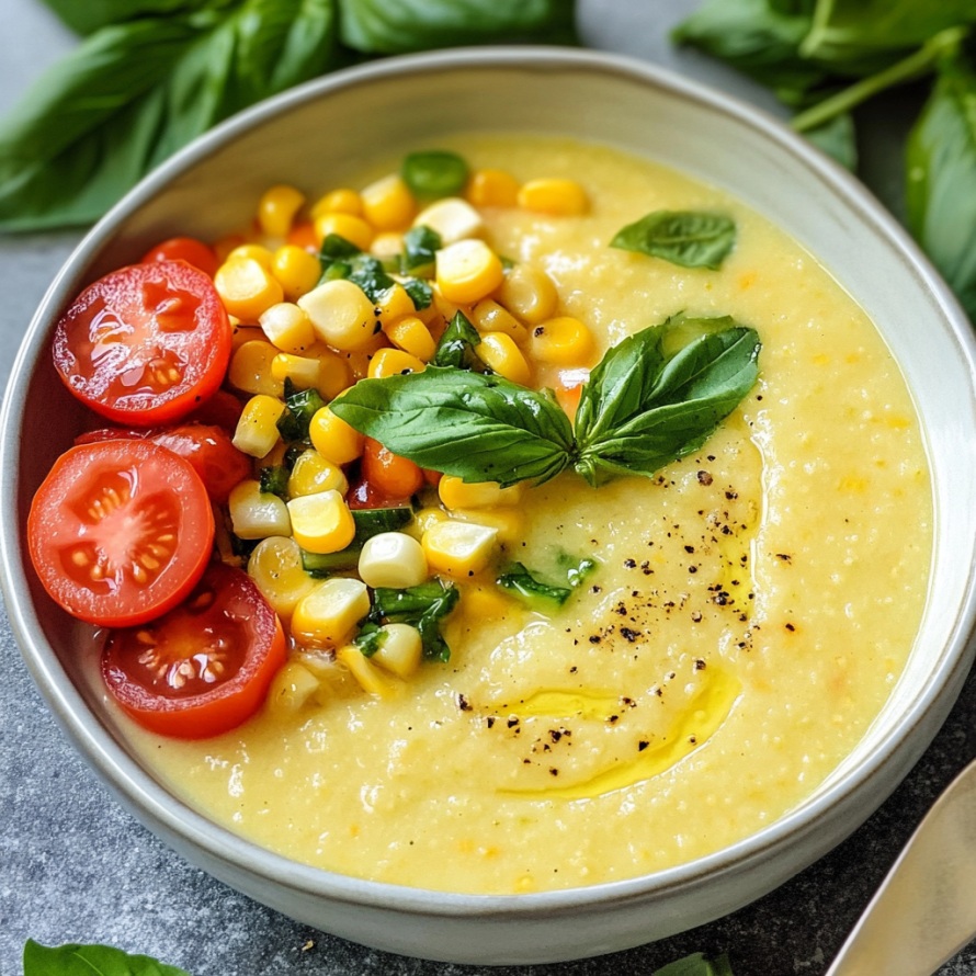 A bowl of soup with tomatoes, corn, and spinach.