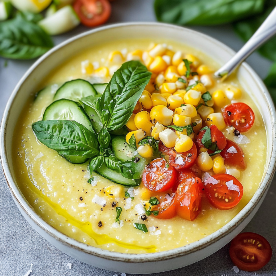 A bowl of soup with vegetables and herbs, including corn, tomatoes, and cucumbers.