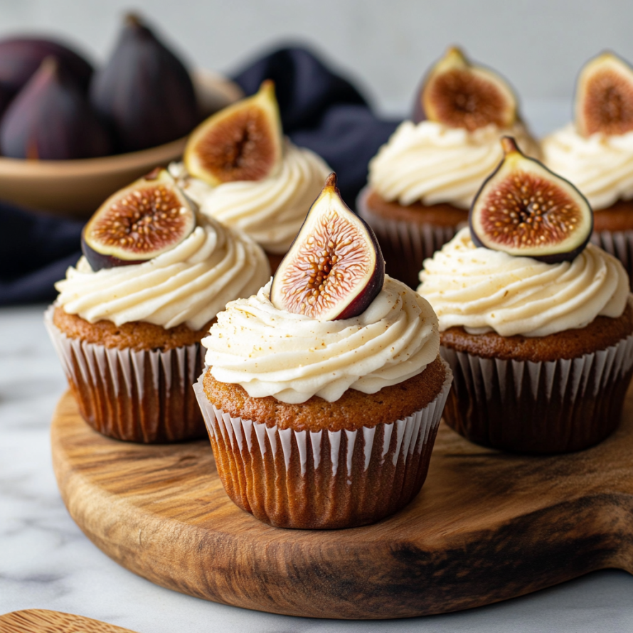 A plate of Fig Cupcakes with Honey Cream Cheese Frosting.
