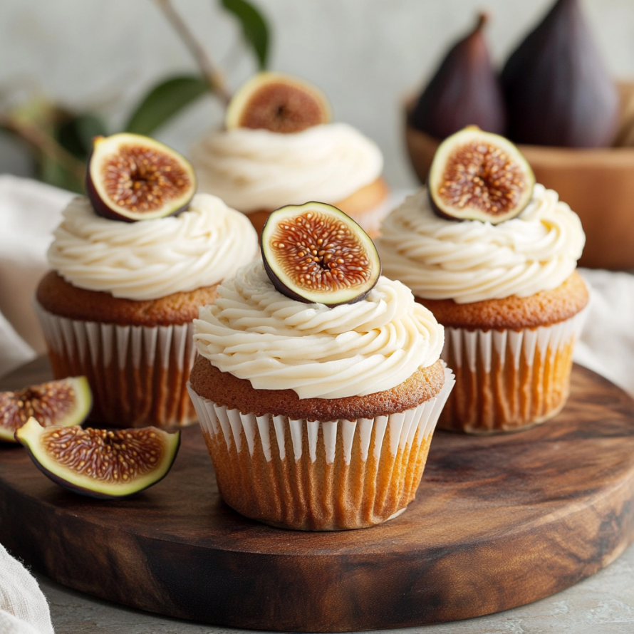 A plate of Fig Cupcakes with Honey Cream Cheese Frosting.