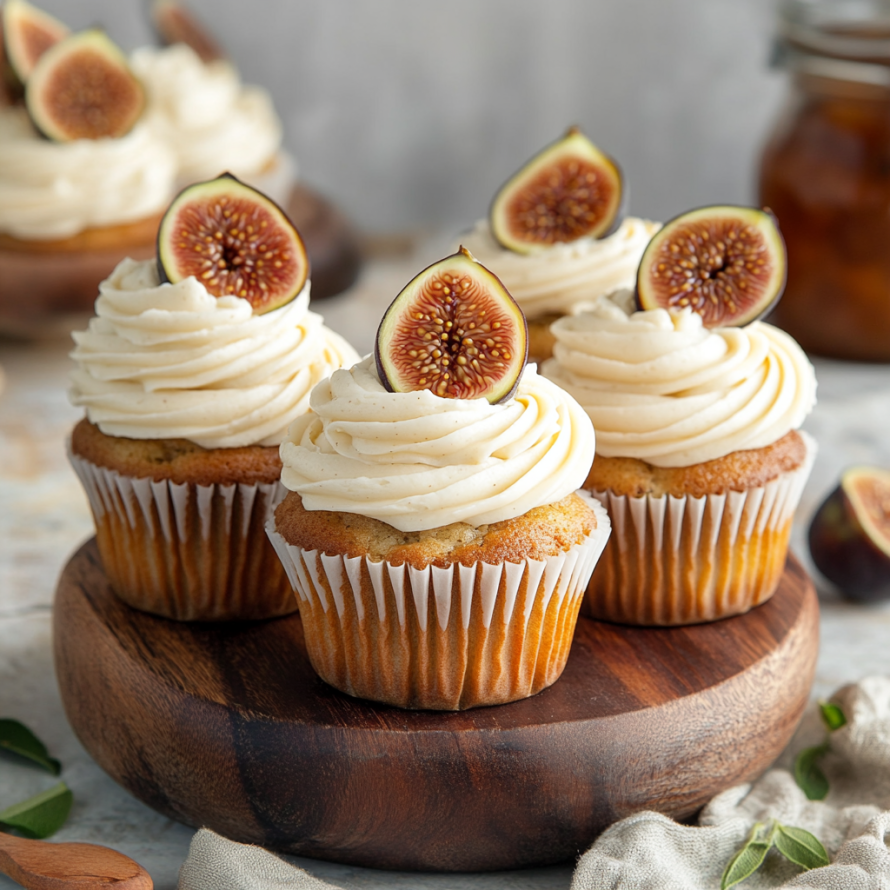 Three cupcakes with figs and honey cream cheese frosting.