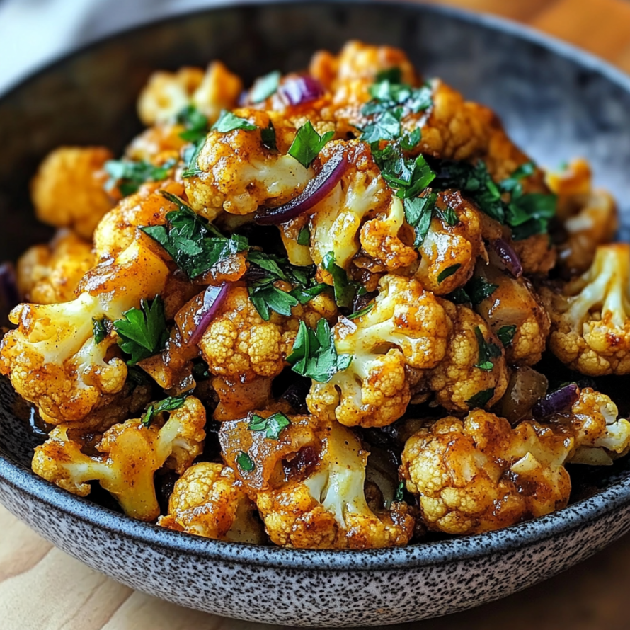 A bowl of roasted cauliflower with a honey curry sauce, garnished with herbs.