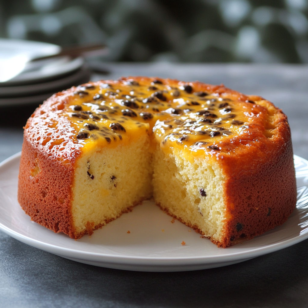 A slice of passionfruit yogurt cake on a plate.