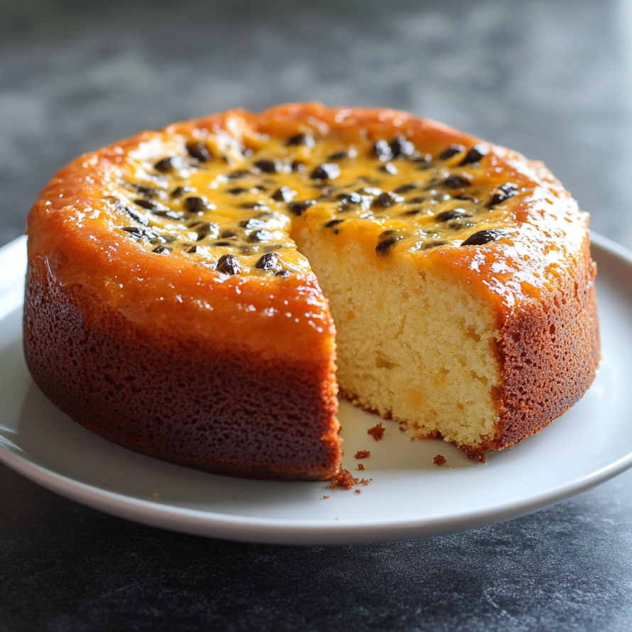 A slice of passionfruit yogurt cake on a plate.