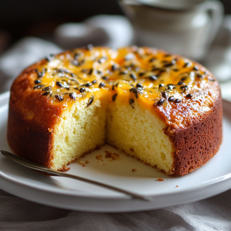 A slice of passionfruit yogurt cake on a plate.