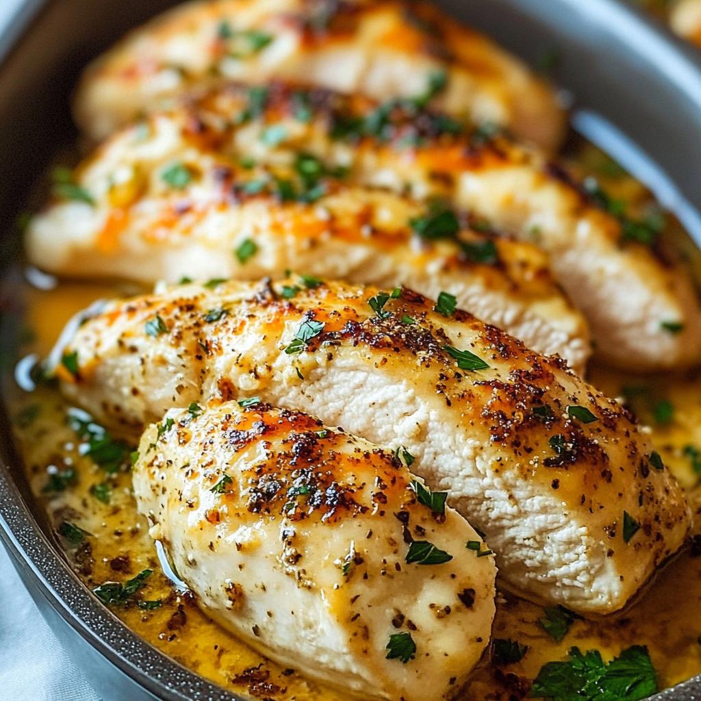 A pan of chicken with herbs and spices, cooked to perfection.