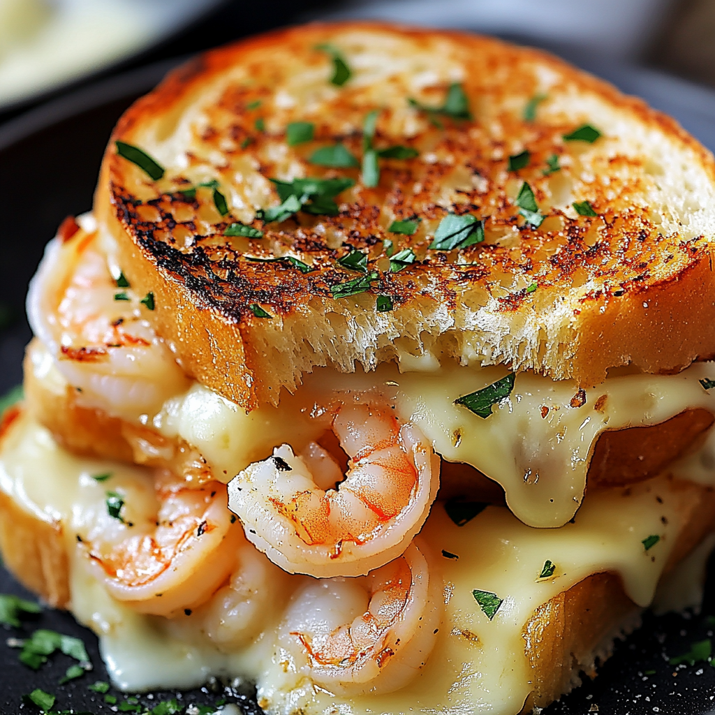A close-up of a delicious Ultimate Shrimp Grilled Cheese with Garlic Bread.