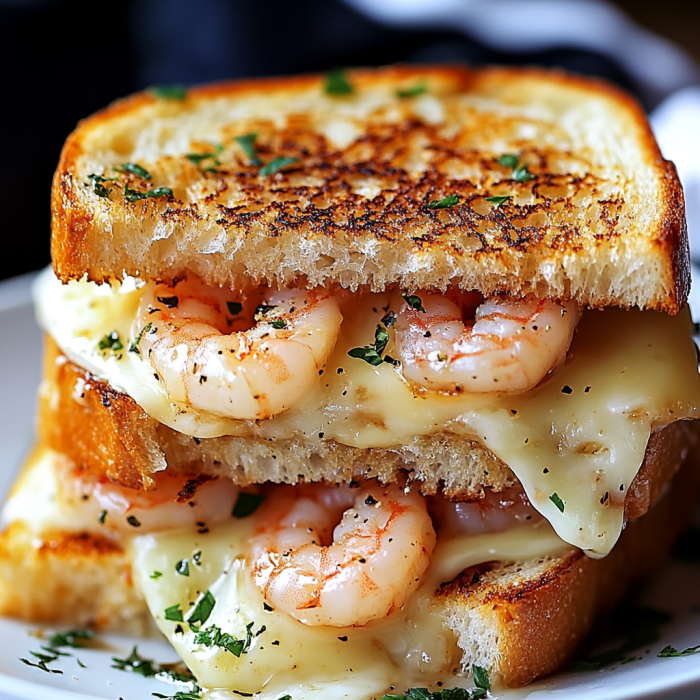 A delicious Ultimate Shrimp Grilled Cheese with Garlic Bread sandwich is stacked on a plate.