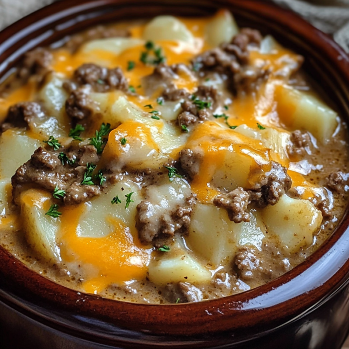A close up of a delicious Amish Farmhouse Feast, featuring a hearty stew with potatoes and meat.