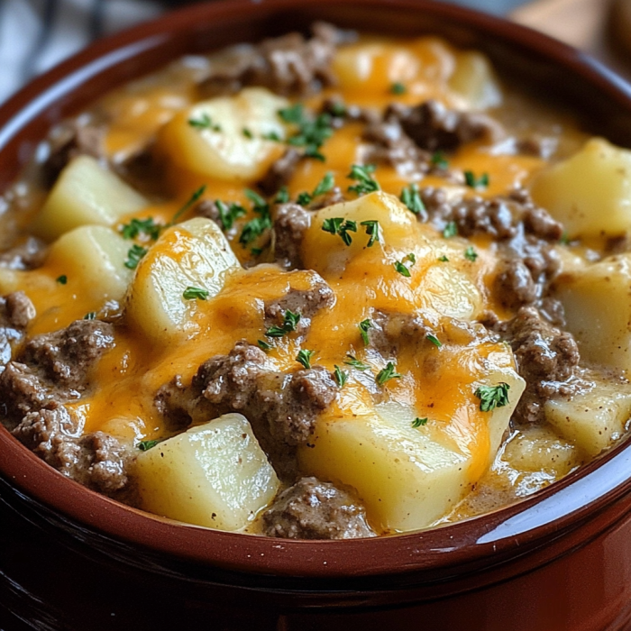 A bowl of Amish Farmhouse Feast, filled with meat and potatoes, is ready to be enjoyed.
