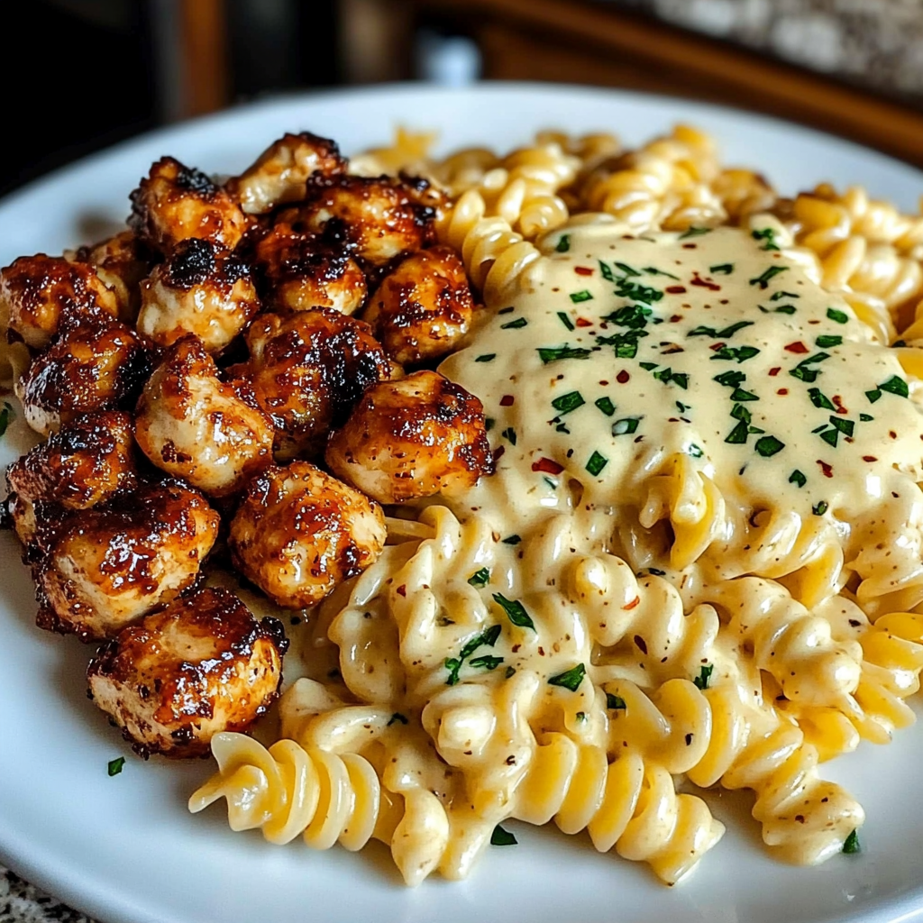 A plate of delicious Garlic Butter Chicken Bites with Spicy Cajun Alfredo Twisted Pasta.