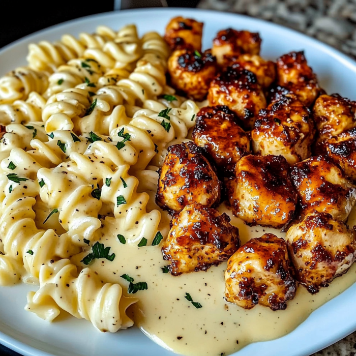 A plate of Garlic Butter Chicken Bites with Spicy Cajun Alfredo Twisted Pasta.