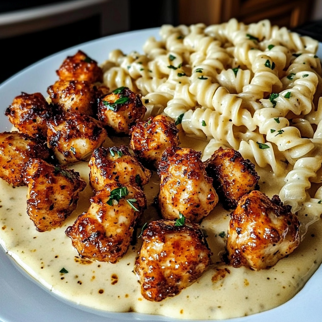 A plate of Garlic Butter Chicken Bites with Spicy Cajun Alfredo Twisted Pasta.