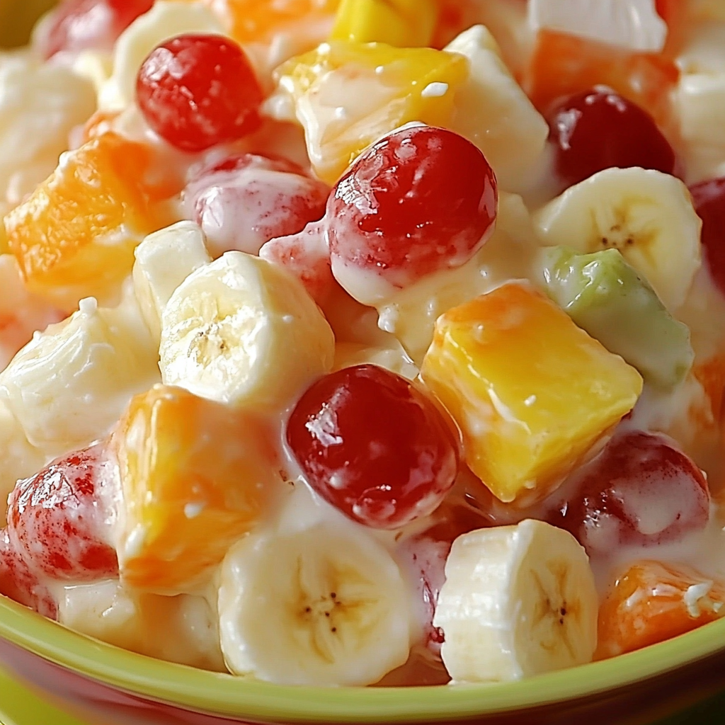 A bowl of fruit salad with bananas, strawberries, and other fruits.