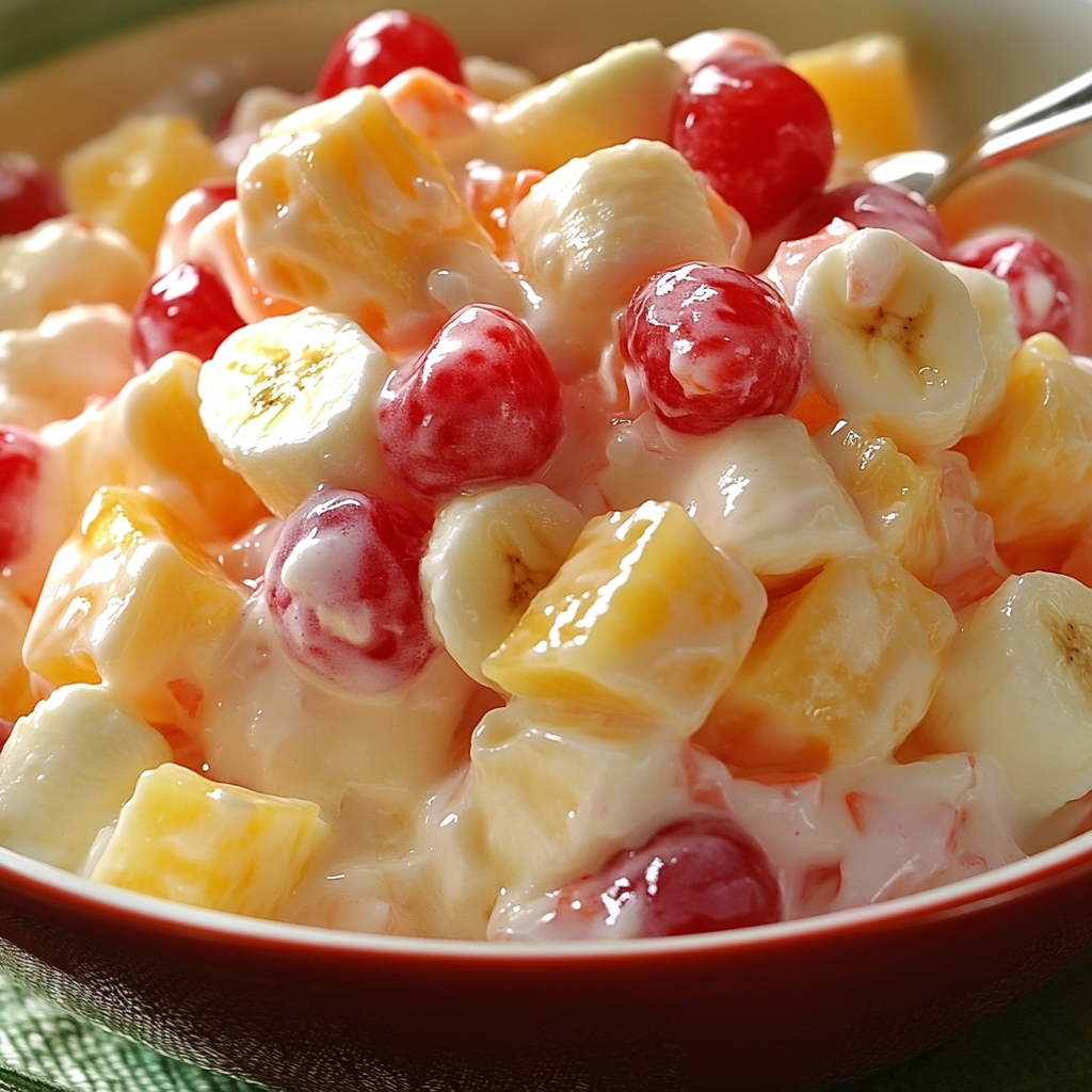 A bowl of fruit salad with bananas, strawberries, and other fruits.