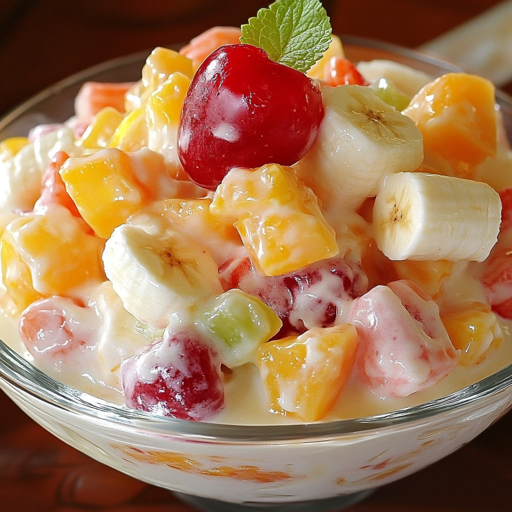 A bowl of fruit salad with bananas, strawberries, and other fruits.