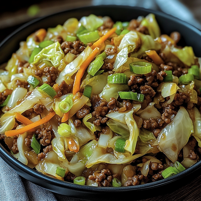 A bowl of stir fry with meat and vegetables, including carrots and cabbage, is served in a black bowl.