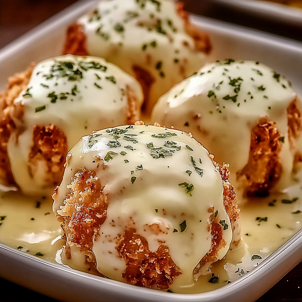 A plate of cheesy bread balls with a white sauce on top.