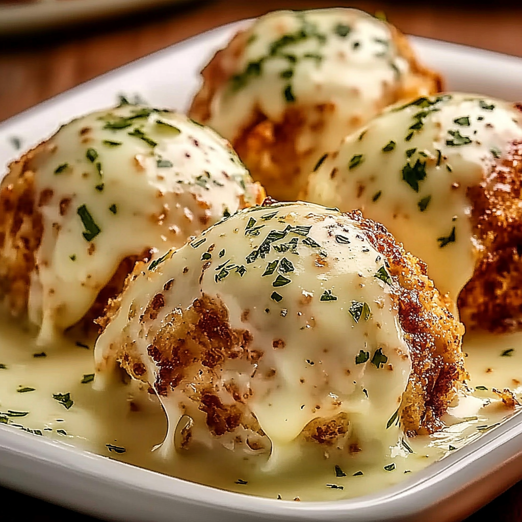 A plate of cheesy bread balls covered in a creamy sauce.