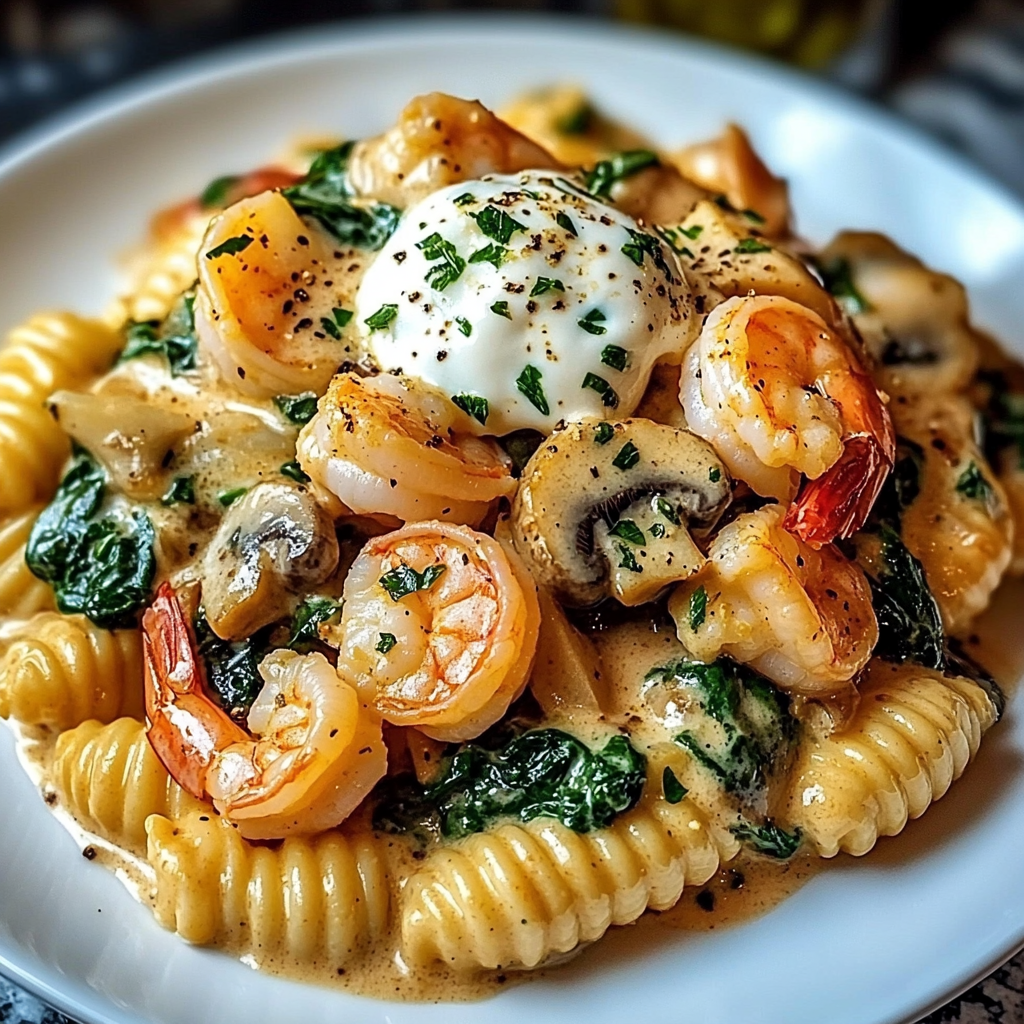 A plate of Creamy Spinach Mushroom Shrimp Shells is presented.