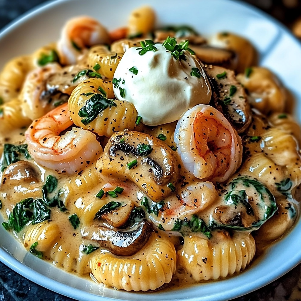 A bowl of Creamy Spinach Mushroom Shrimp Shells, filled with a delicious mixture of shrimp, spinach, mushrooms, and cream.