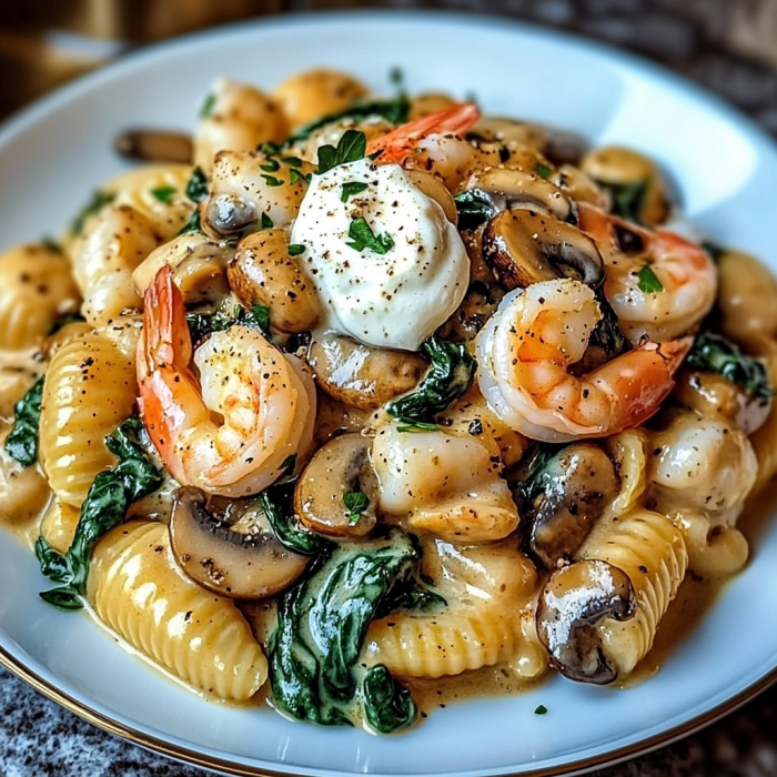 A plate of Creamy Spinach Mushroom Shrimp Shells is presented on a table.