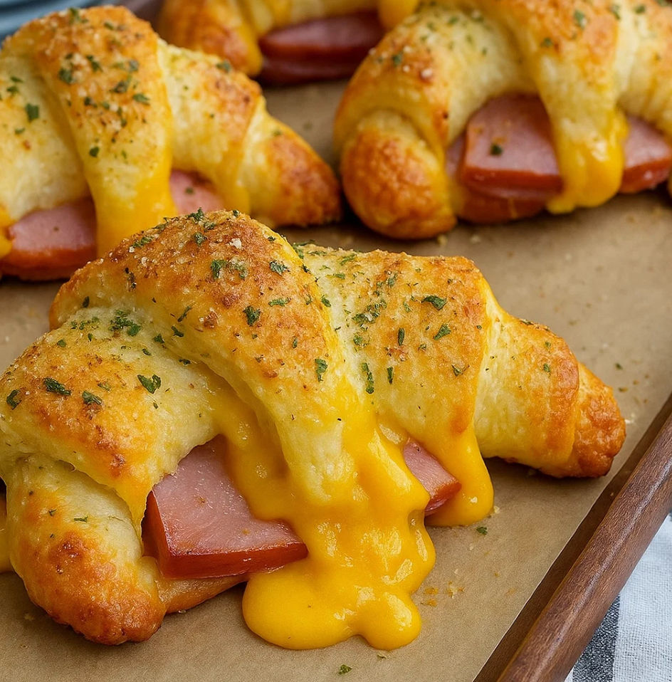 A plate of ham cheddar crescent roll-ups with cheese dripping out.