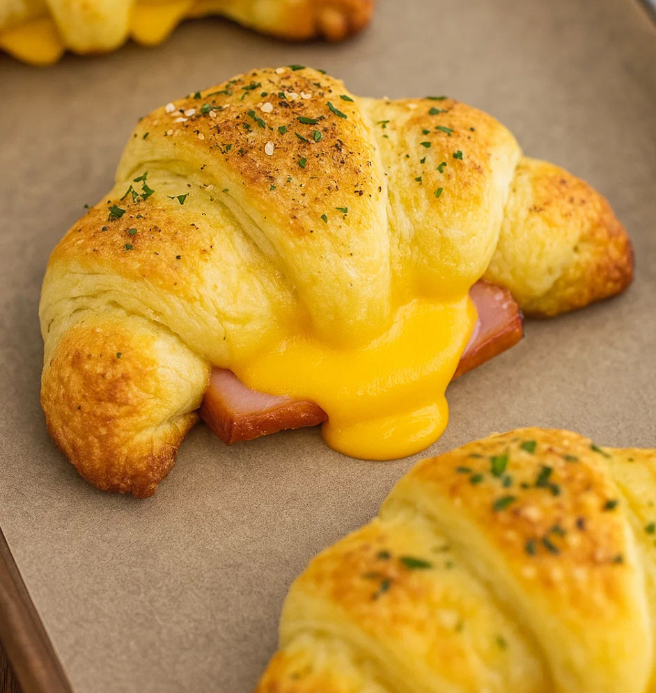 A croissant with cheese and ham on it.