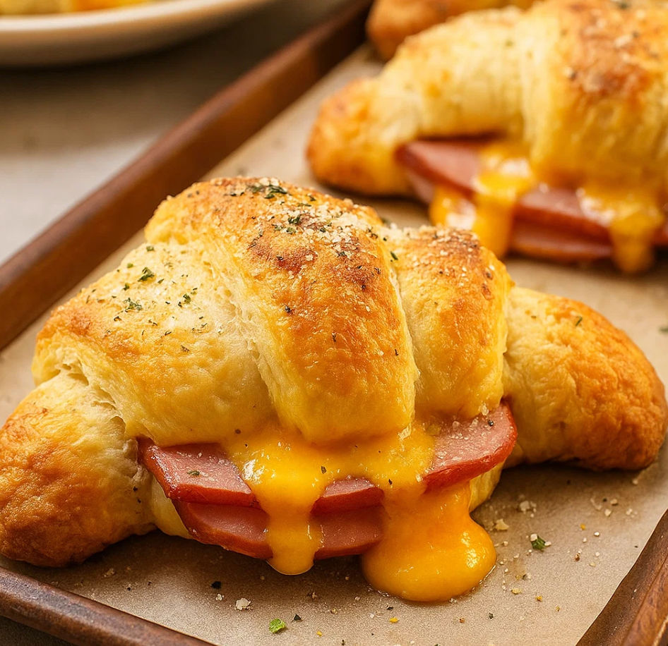 A delicious pastry filled with cheese and ham, ready to be served.