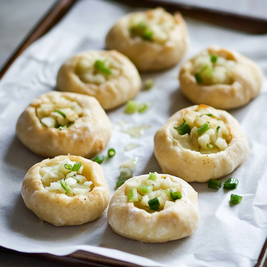 A tray of vegetable filled pastries, including green onions, are ready to be baked.