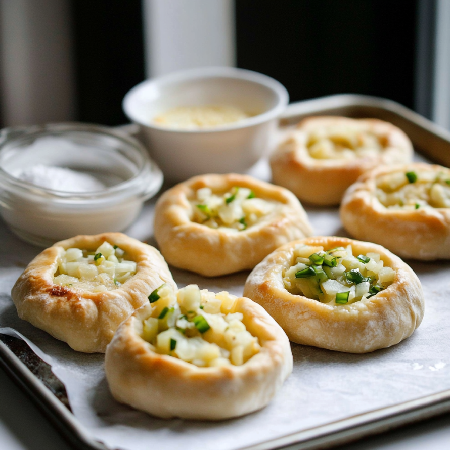 A tray of delicious looking pies with a white sauce.