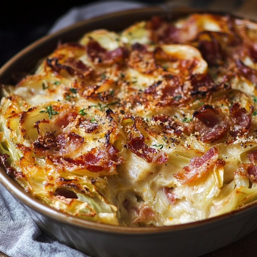 A delicious bacon and cheese casserole in a silver pan.