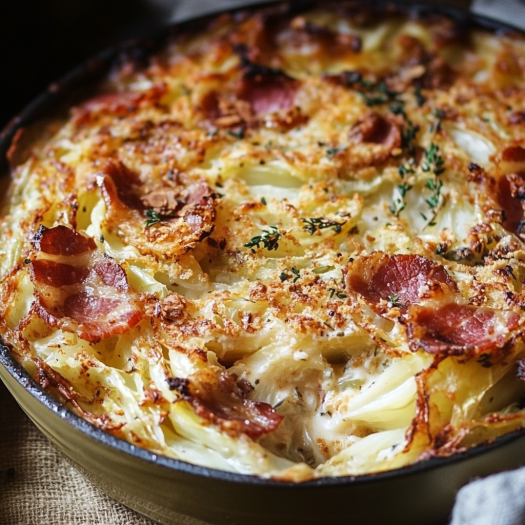 A delicious looking bacon and cheese casserole in a pan.