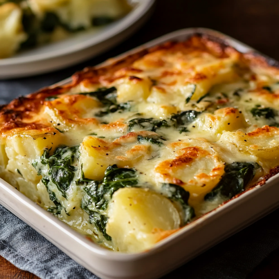 A delicious looking casserole dish filled with vegetables and cheese.