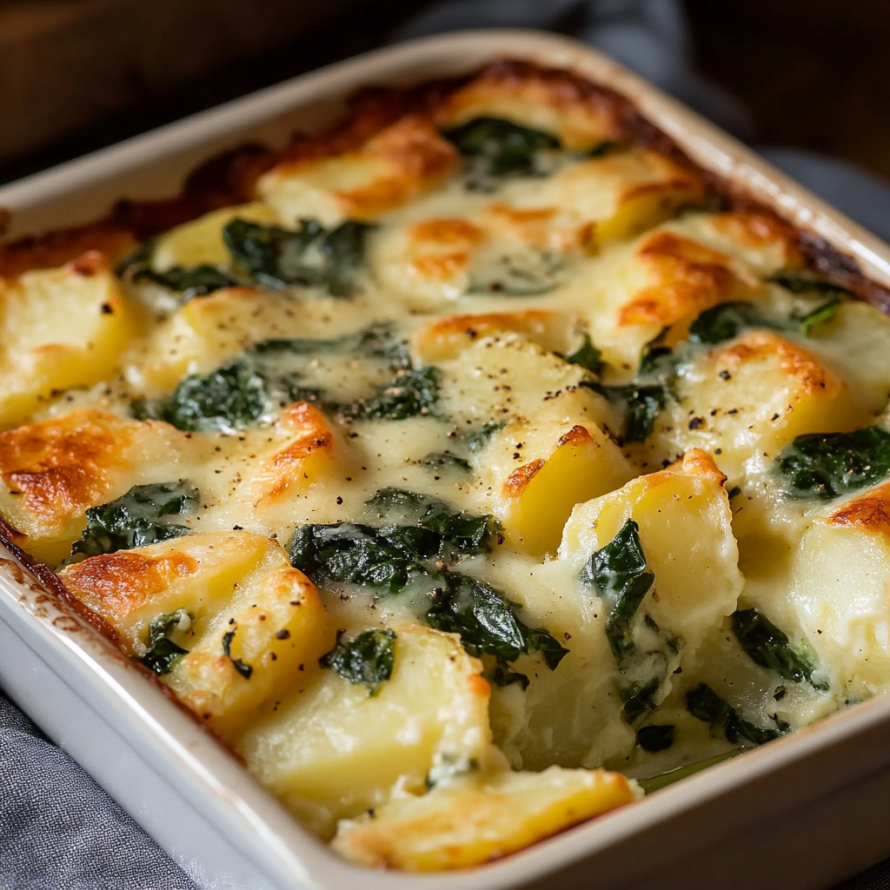 A dish of vegetables, including potatoes and spinach, is baked in a white dish.