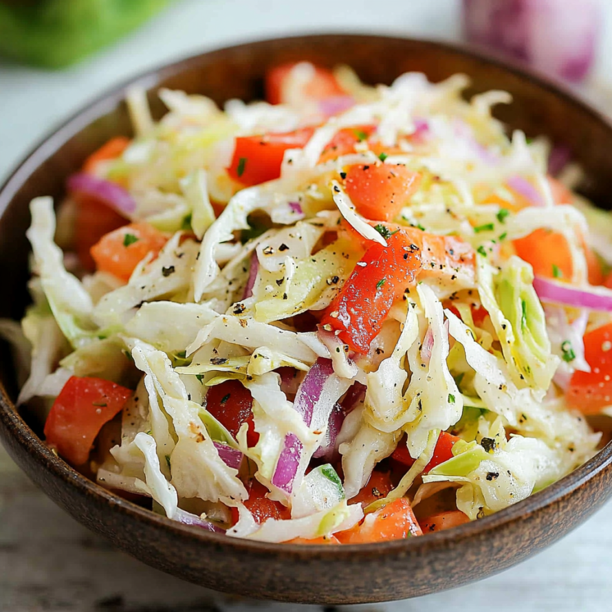 A bowl of Greek cabbage salad, also known as Lahanosalata, is served on a table.
