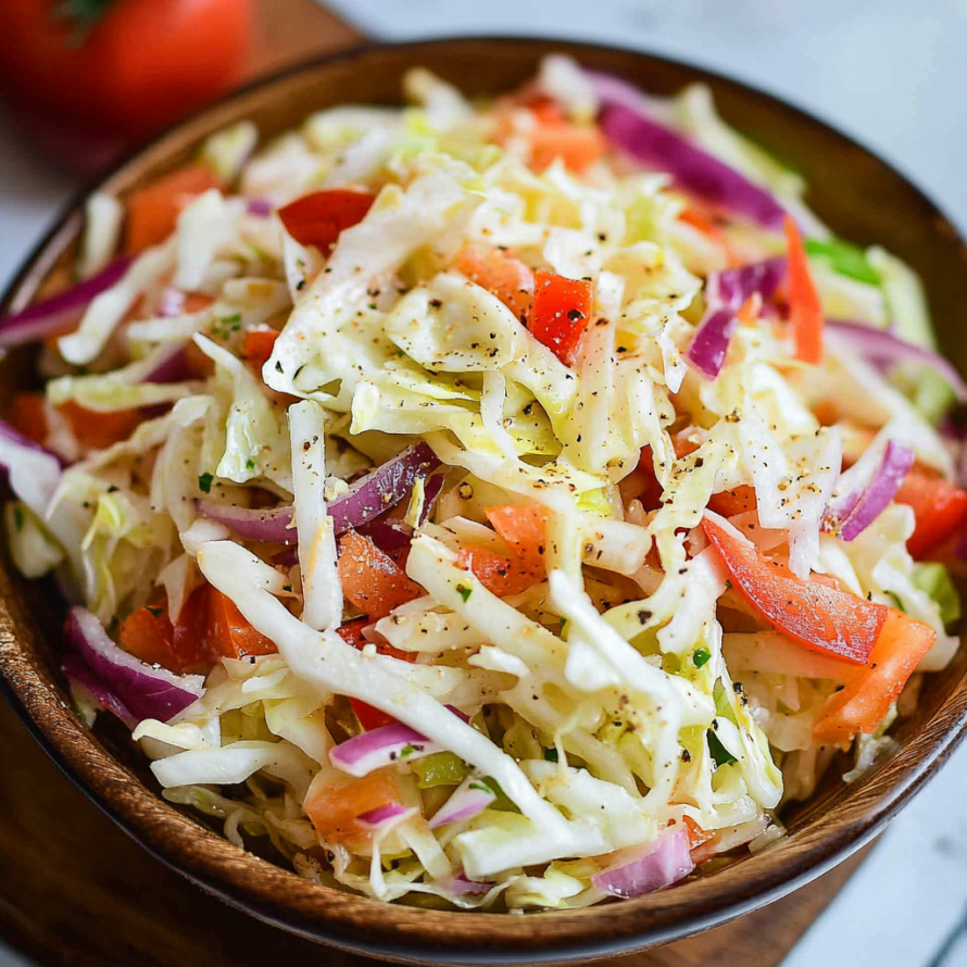 A bowl of Greek Cabbage Salad, also known as Lahanosalata, is displayed on a table.