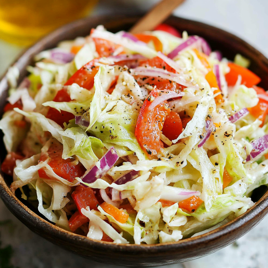 A bowl of Greek Cabbage Salad, also known as Lahanosalata, is filled with fresh vegetables and seasonings.