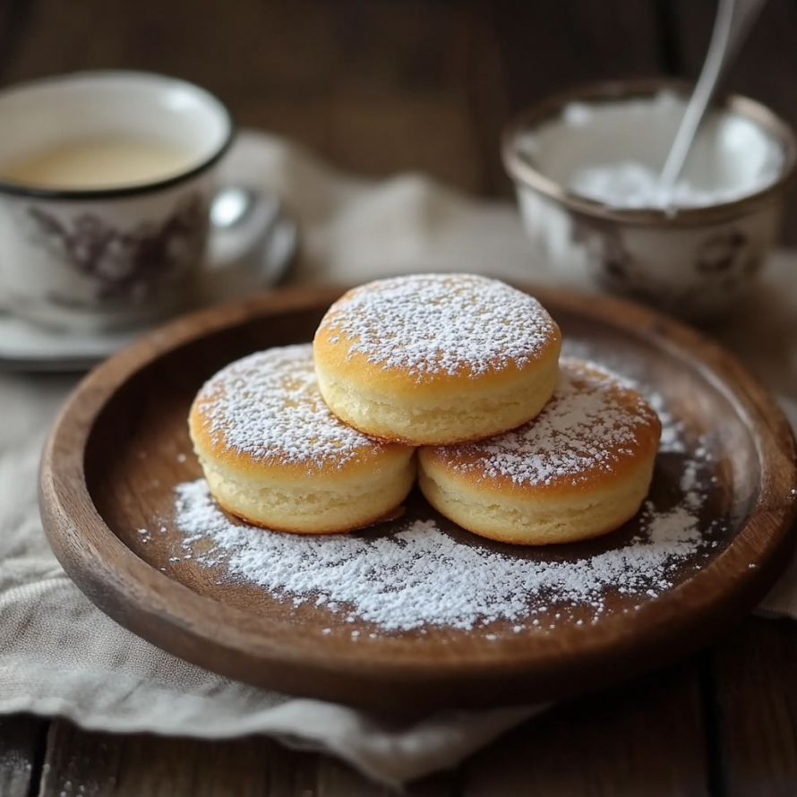 Three powdered sugar-covered Sherlock Holmes Foggy London Tea Cakes on a wooden platter.
