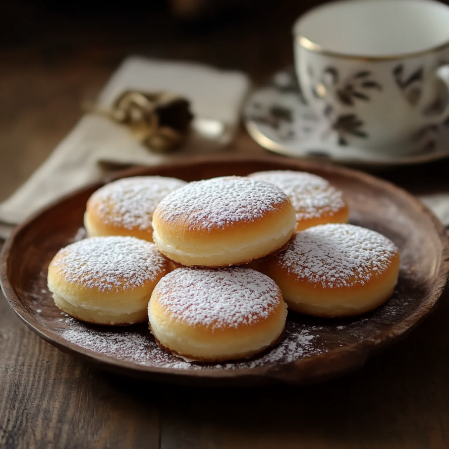 A plate of Sherlock Holmes Foggy London Tea Cakes with powdered sugar on top.