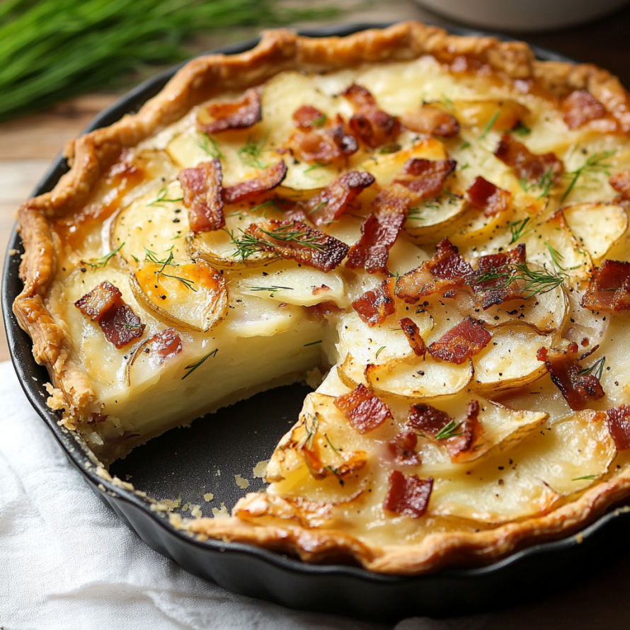 A slice of Irish Potato Pie is served on a plate.