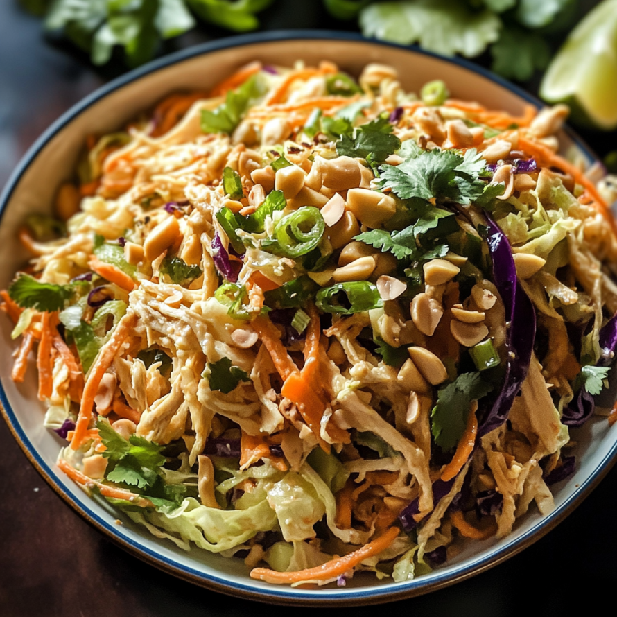 A bowl of Asian salad with carrots, cabbage, and nuts.