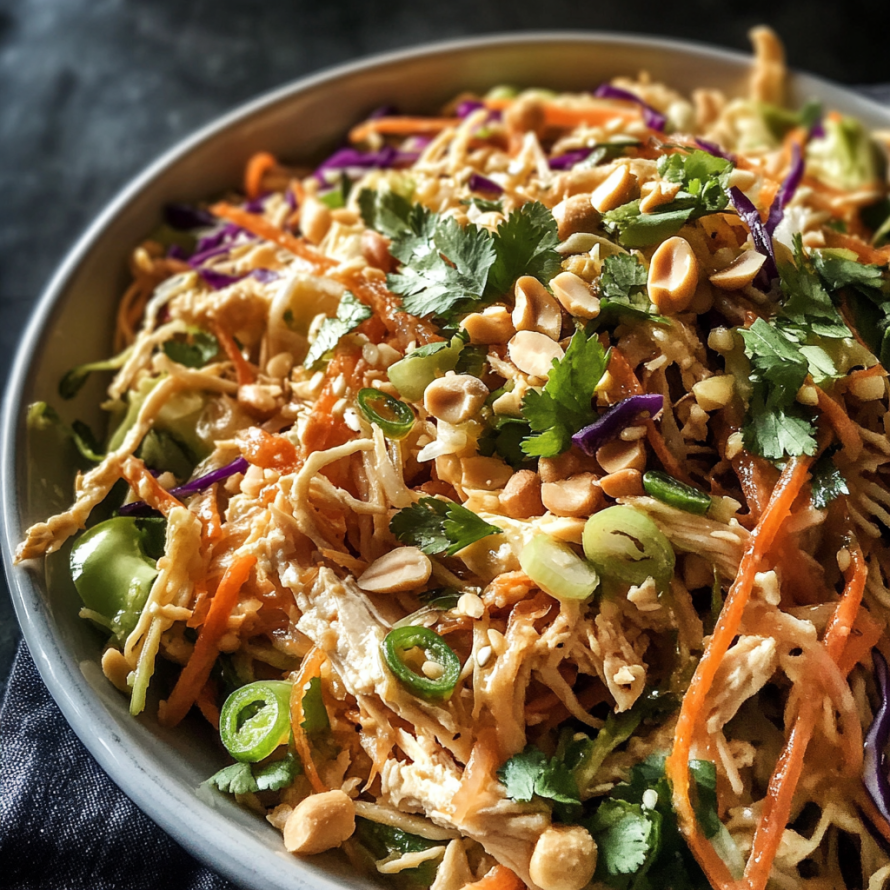 A bowl of Asian food, including carrots, peppers, and nuts, is displayed on a table.