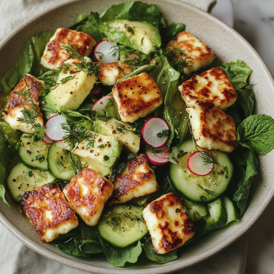 A dish of Crispy Torn Halloumi Salad, featuring grilled halloumi cubes and fresh vegetables.