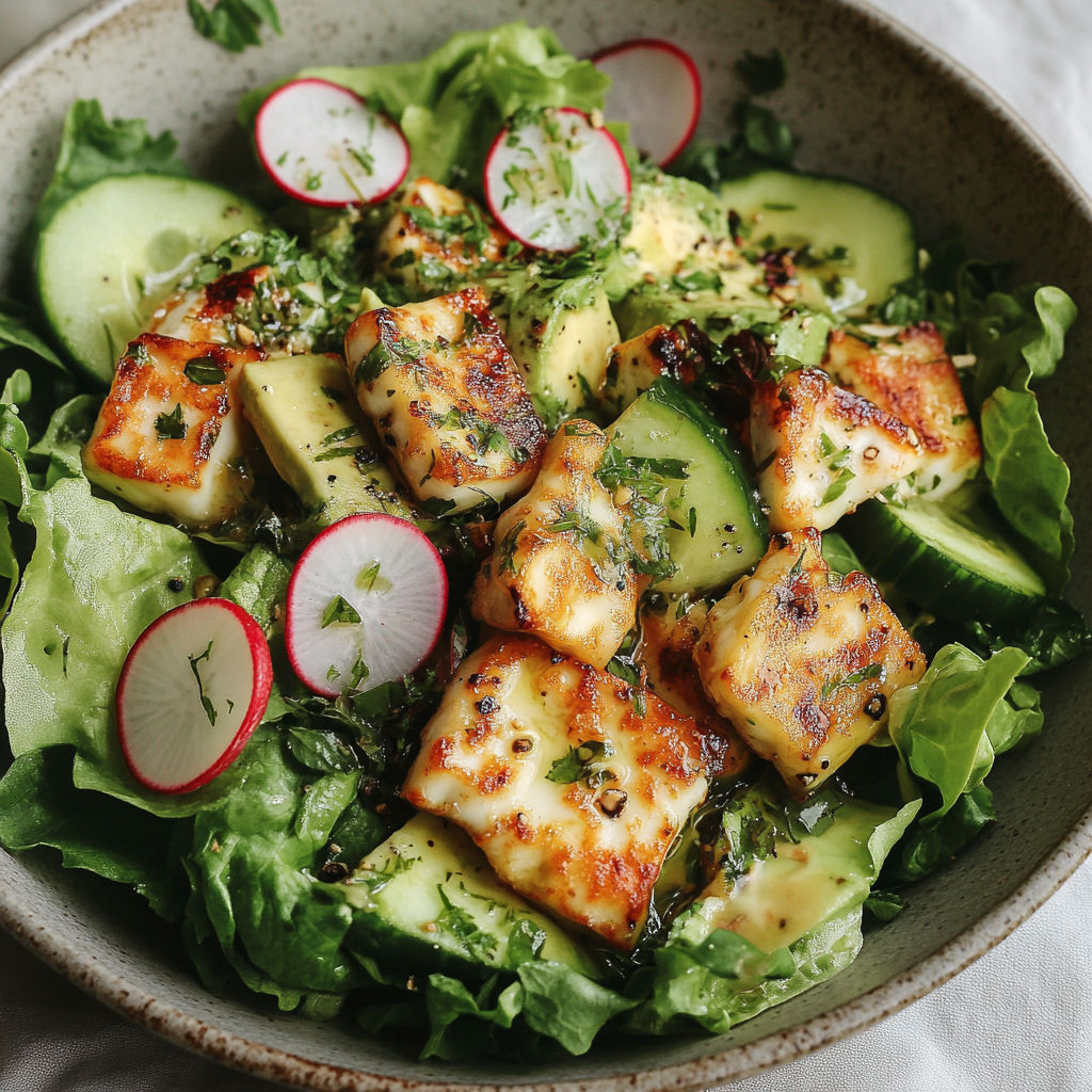 A bowl of vegetables, including lettuce, radishes, and cucumbers, is topped with grilled tofu cubes and seasoned with herbs.