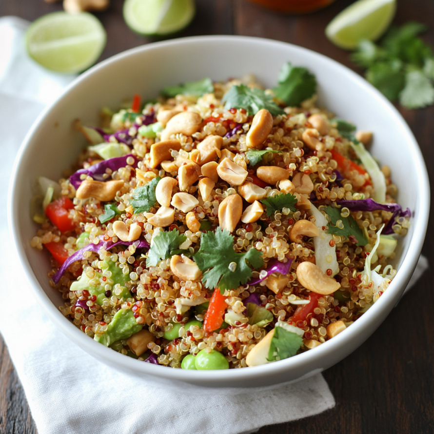 A bowl of rice and vegetables, including peppers and limes, is served on a wooden table.