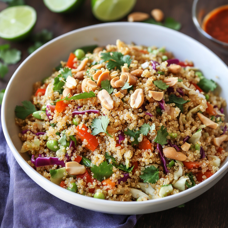 A bowl of rice and vegetables, including carrots and broccoli, is topped with peanuts and a spicy sauce.