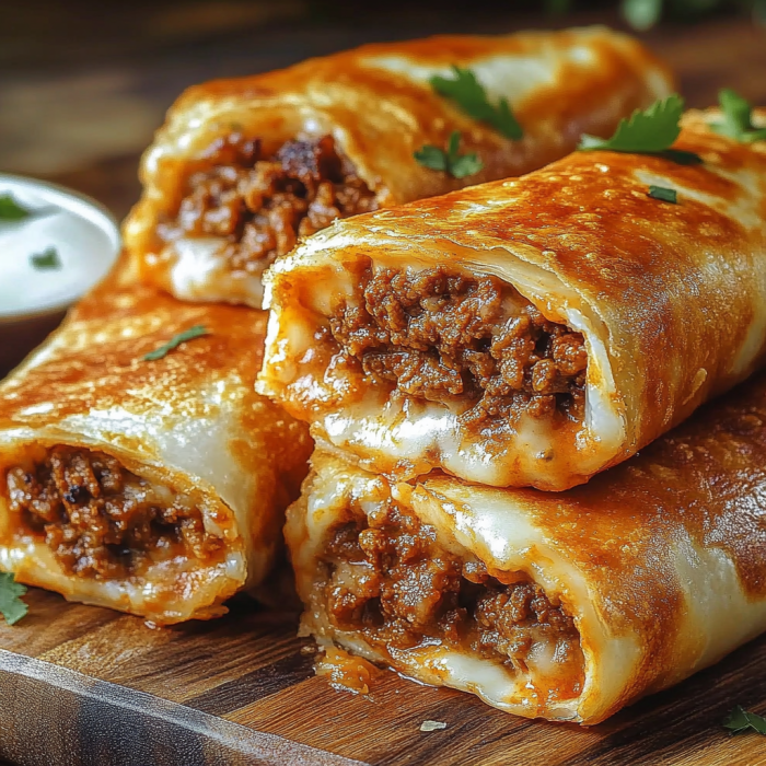A delicious homemade beef and cheese burrito is served on a wooden cutting board.